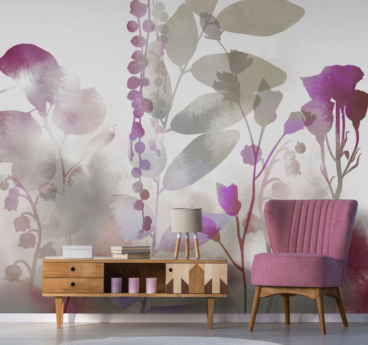 purple floral wallpaper trend in living room
