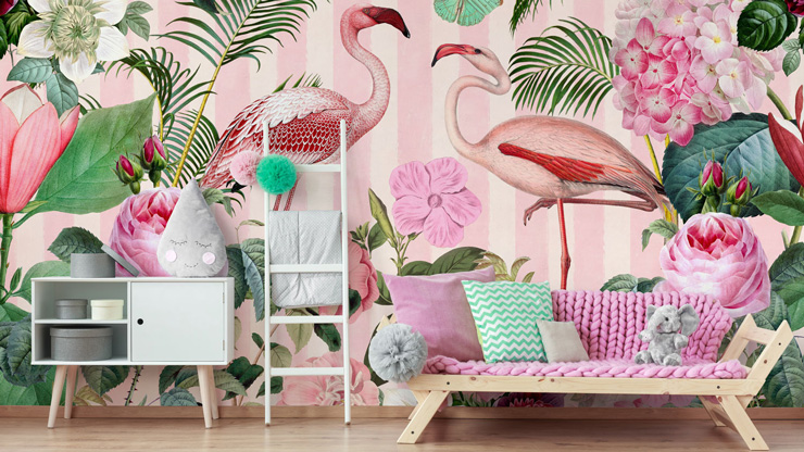 pink flamingo and flowers illustration wallpaper