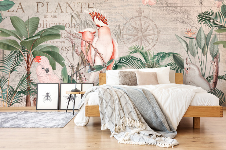 vintage map and jungle wallpaper mural in bedroom