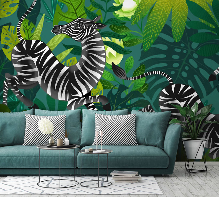 zebra wallpaper in modern living room 