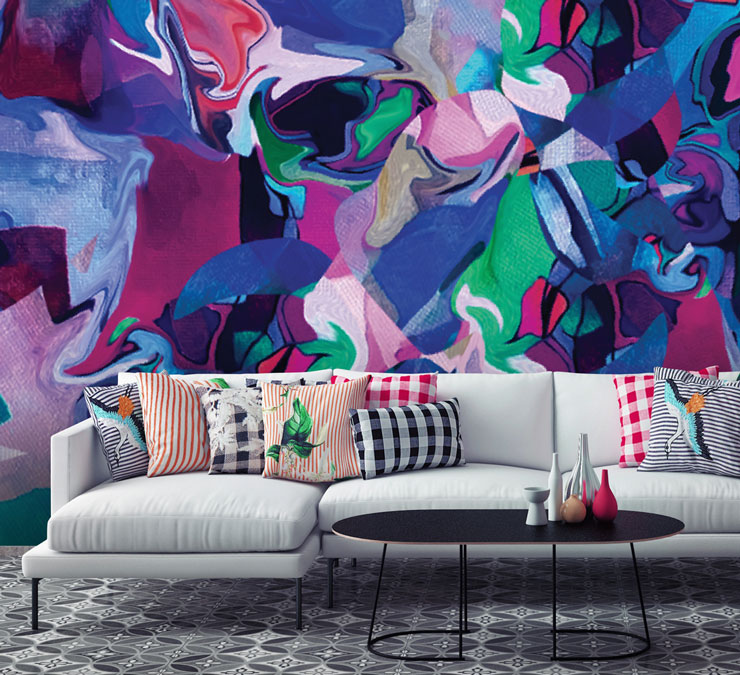 painterly wallpaper in modern living room