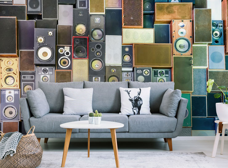 retro speakers wallpaper in on trend living room