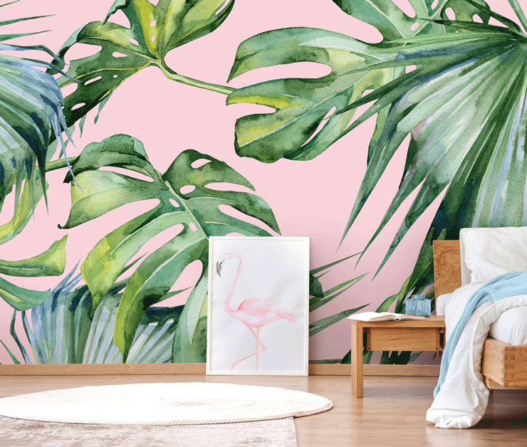 pink jungle wallpaper in bedroom 