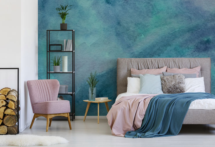 watercolour wallpaper in bedroom