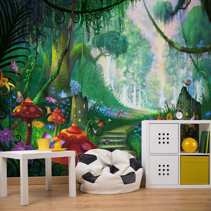 Fairy town in a forest mural for new baby boy bedroom ideas