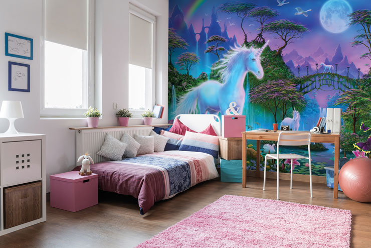 fantasy scene of unicorns in unicorn land with bridge wall mural in pink, blue and white child's bedroom