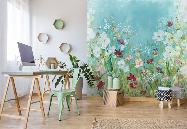 wildflowers and lace wallpaper in bedroom