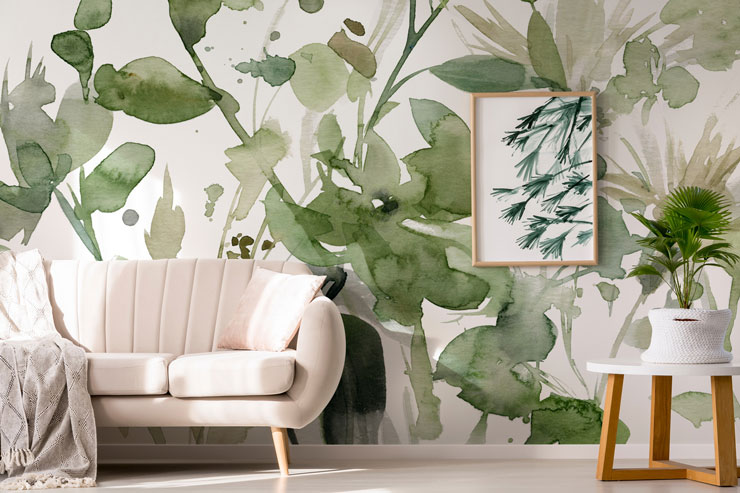 Sage plant wallpaper in living room 