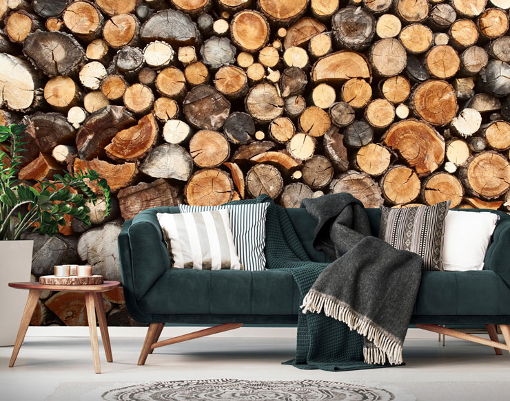 Log pile mural in living room