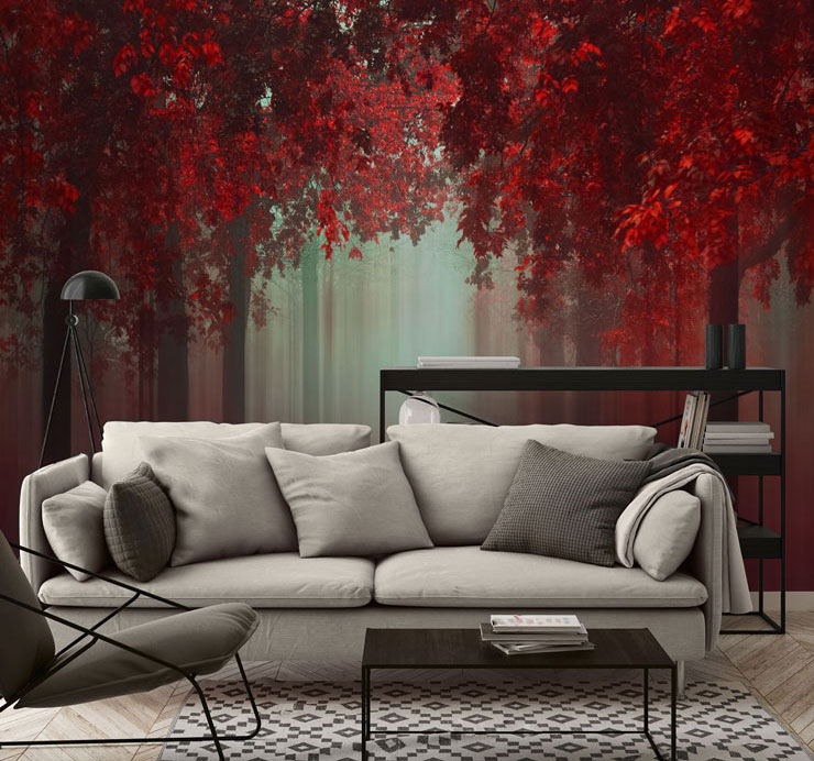 Red leafed trees in living room