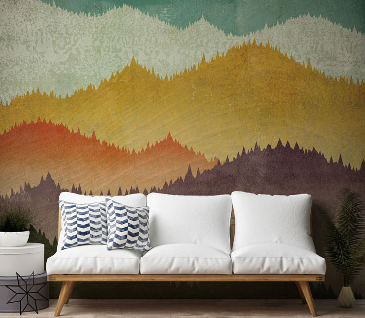 colourful mountain wallpaper in living room