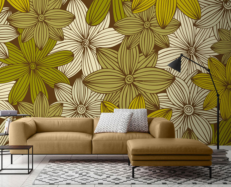 Mustard yellow flower mural in living room