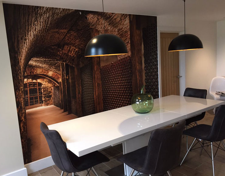 3D wine cellar mural in modern dining room