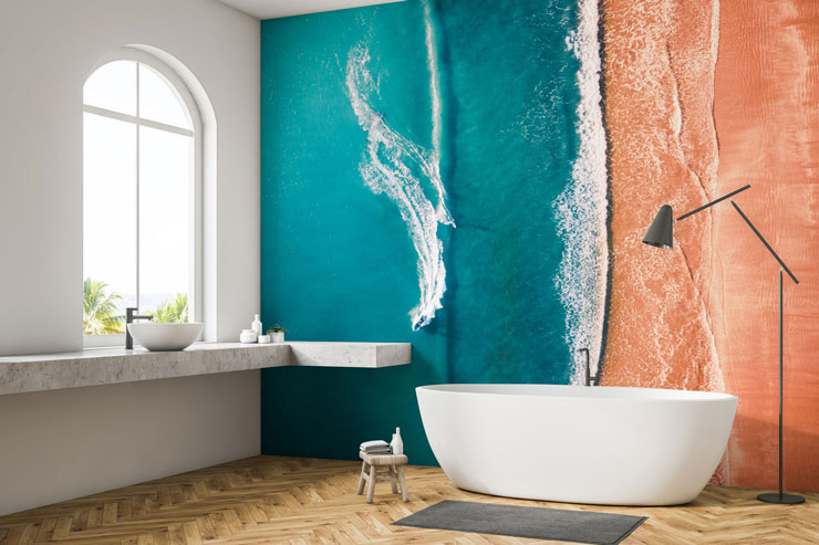 aerial view beach mural in minimalist bathroom