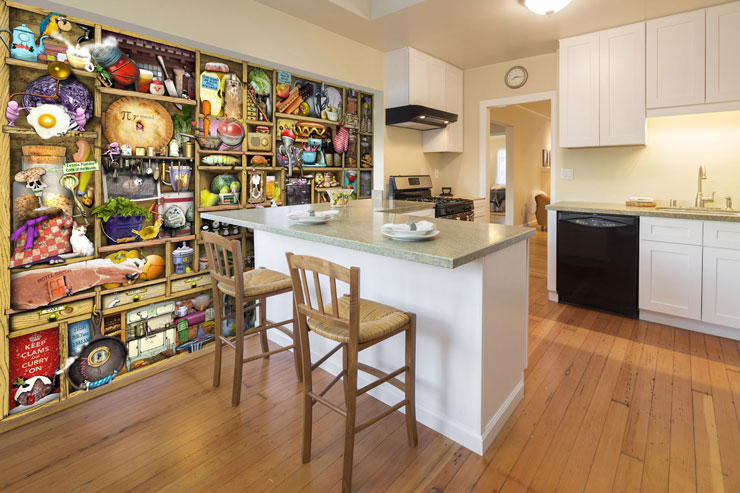 artistic colourful wallpaper in homely kitchen