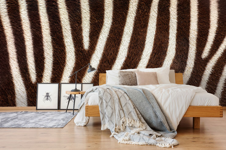 zebra print wallpaper in quirky master bedroom