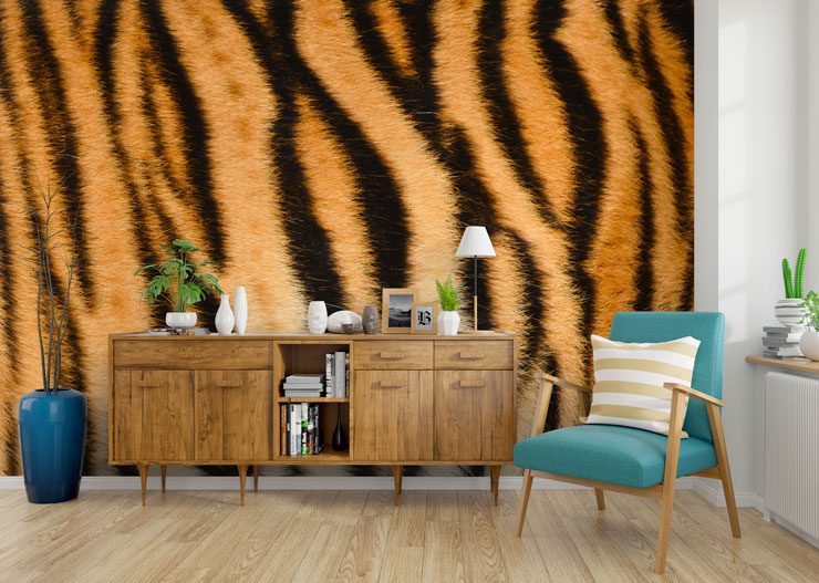 tiger wallpaper in a trendy living room