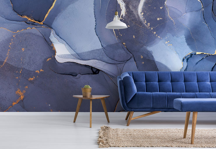 navy blue and gold marble mural in a trendy living room