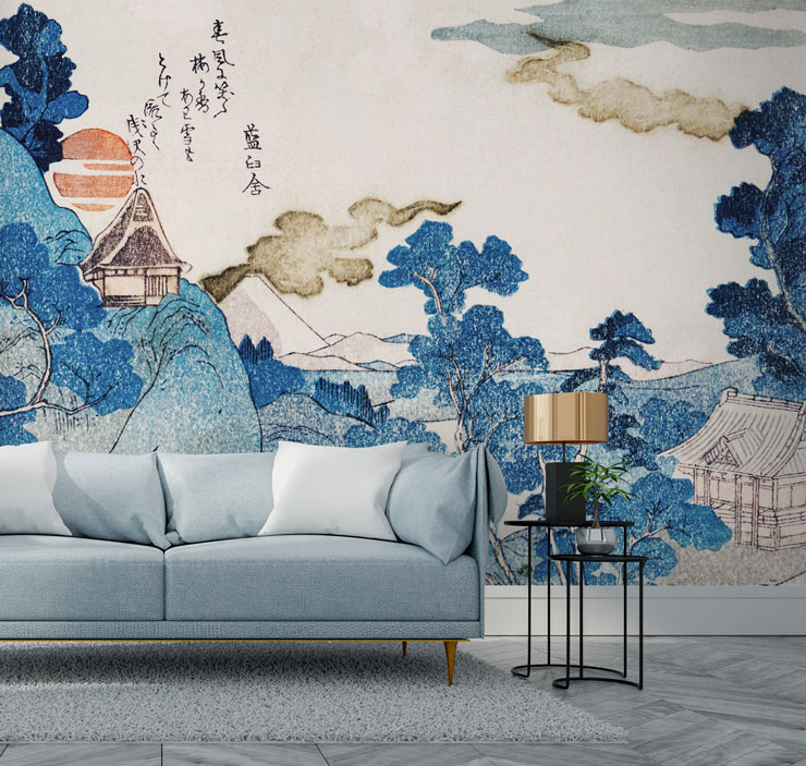 oriental navy and ochre mural in stylish lounge