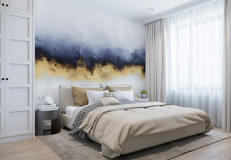 navy and gold colored misty art wallpaper in large white bedroom