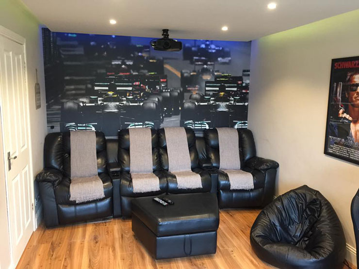 grand prix feature wall in leather decor man cave
