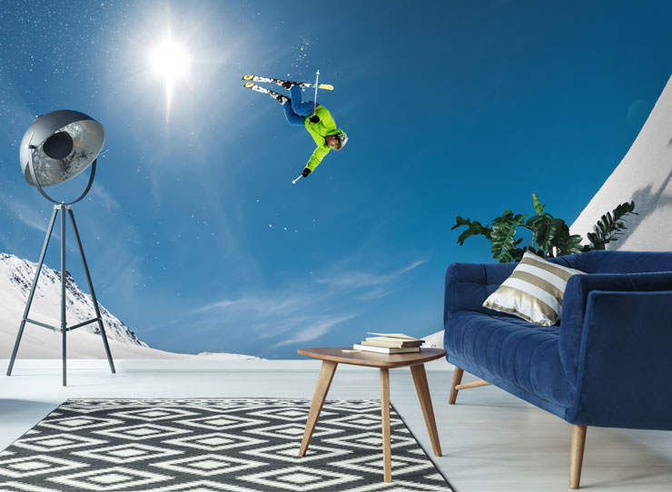 skier flying stunt wallpaper in trendy living room