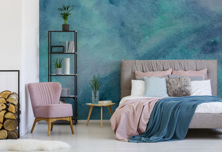 blue watercolour wallpaper in modern bedroom