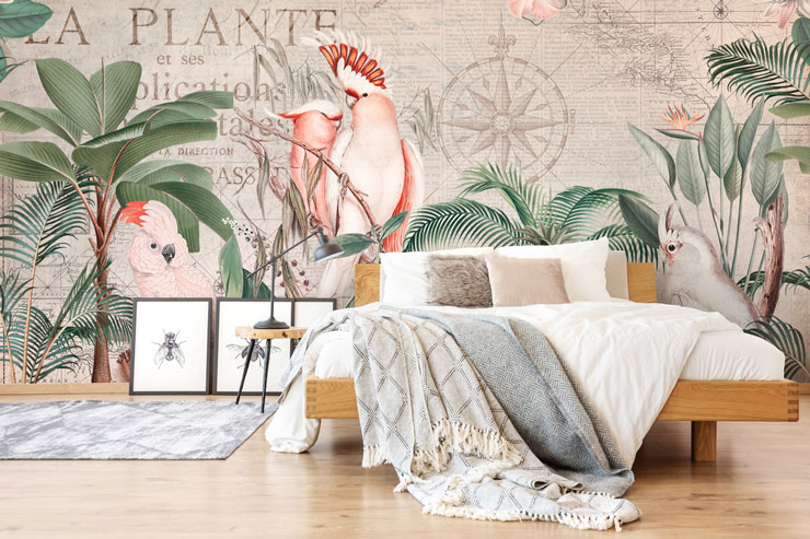 floral parrot wallpaper in bedroom
