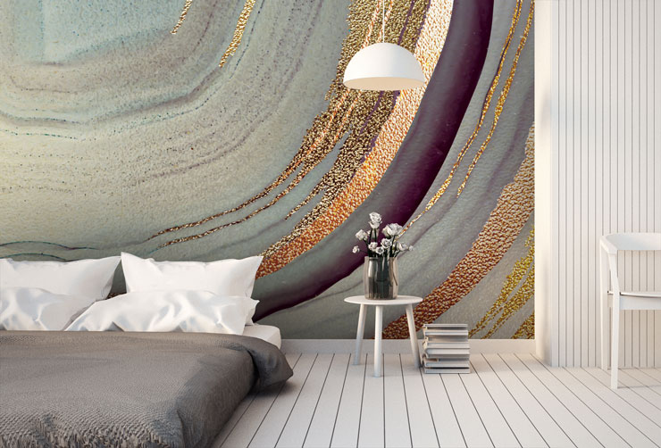 gold effect colourful swirl mural in trendy bedroom