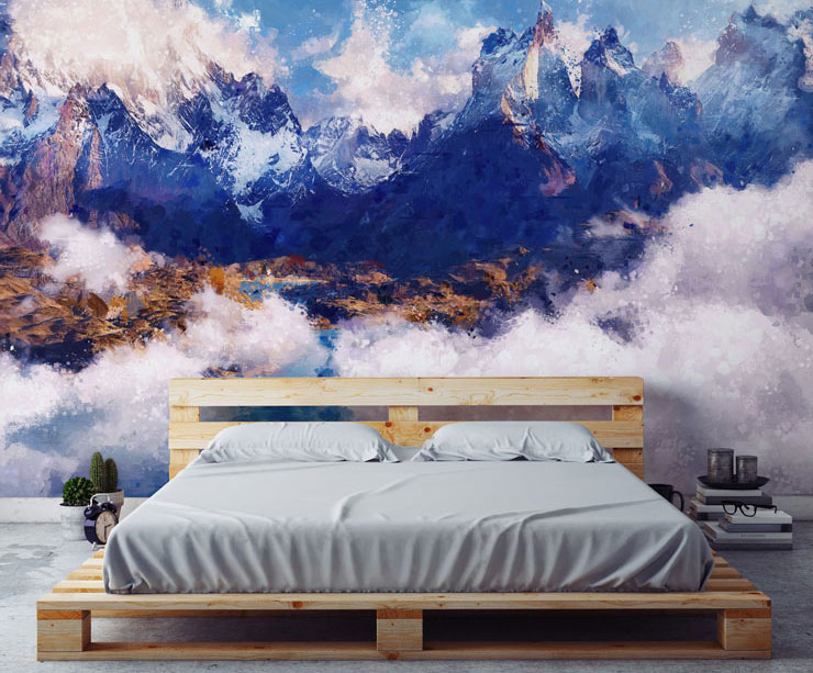 painted snow capped mountains in modern bedroom