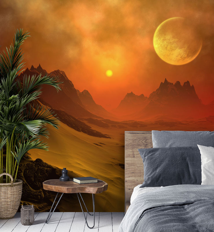 orange sci fi planet in guest bedroom