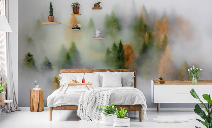 misty autumn forest wall feature in nature inspired bedroom