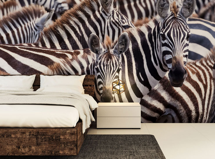 zebra group wallpaper in industrial bedroom
