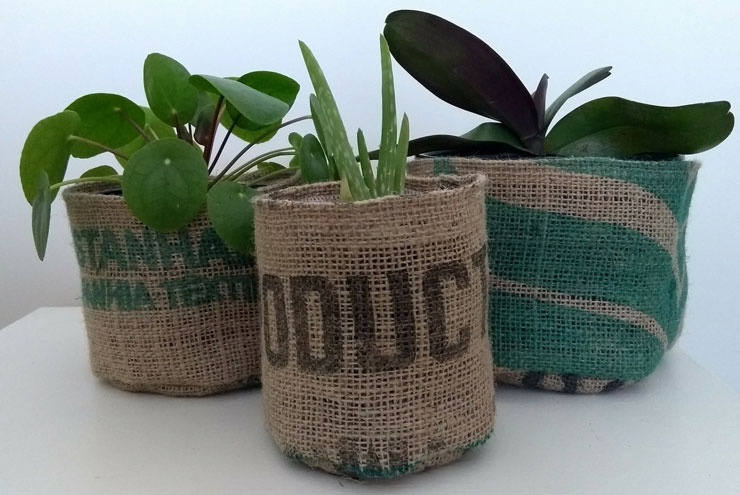 coffee bean sack plant pots with green plants inside