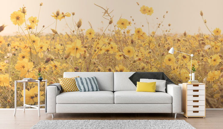 yellow flowers in field wallpaper in modern and light living room