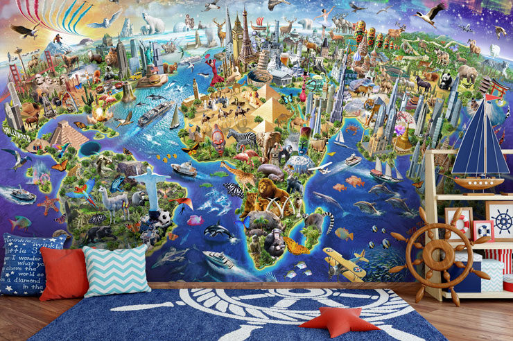 illustrated world map and buildings wallpaper in boys bedroom