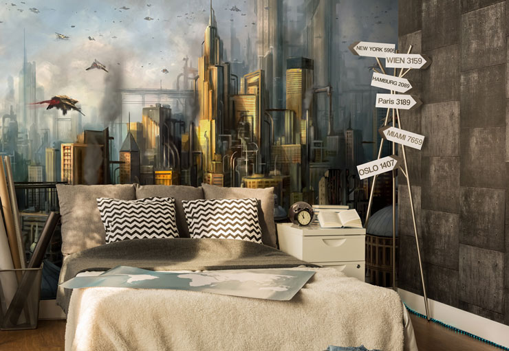 sci fi city wallpaper in teenagers bedroom