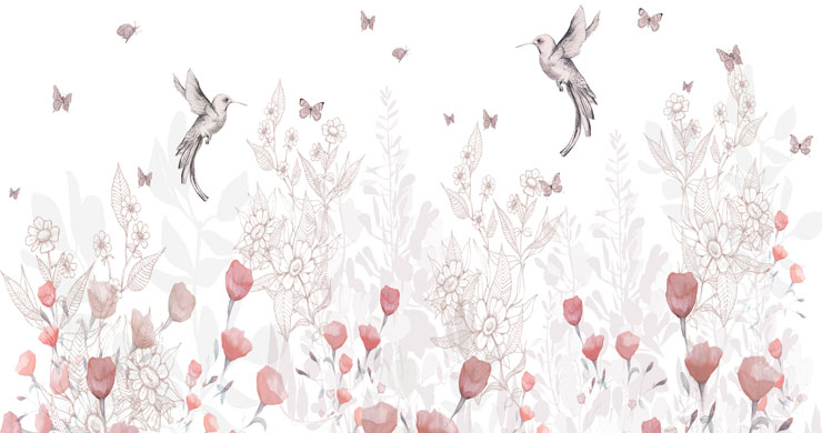 humming bird and pink flowers delicately illustrated wallpaper