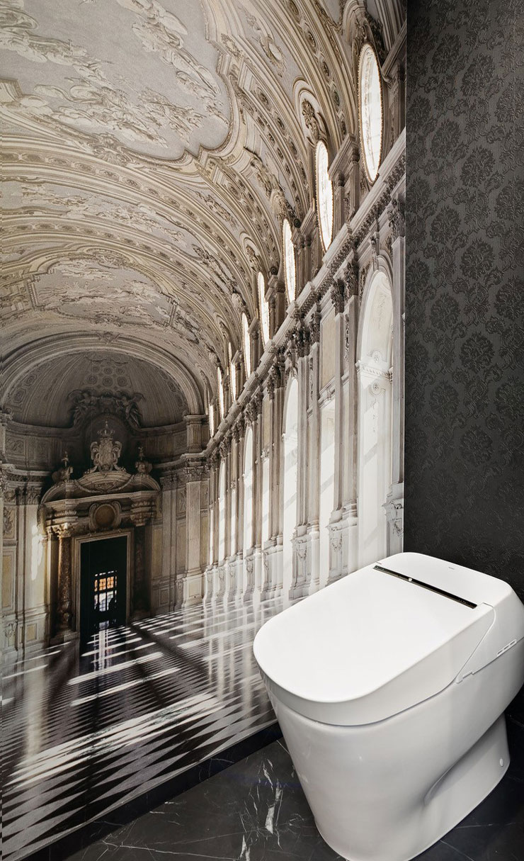 restroom with Italian palace ball room wallpaper