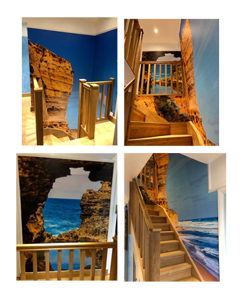 staircase with layered beach wallpaper