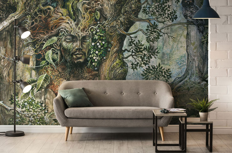 merlin tree wallpaper in trendy living room