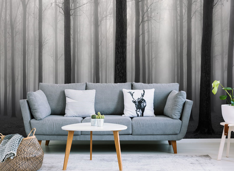 black and white forest wallpaper in modern lounge
