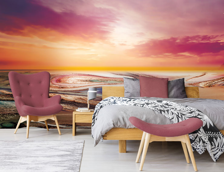 pink and orange sunset wallpaper in pink decor bedroom