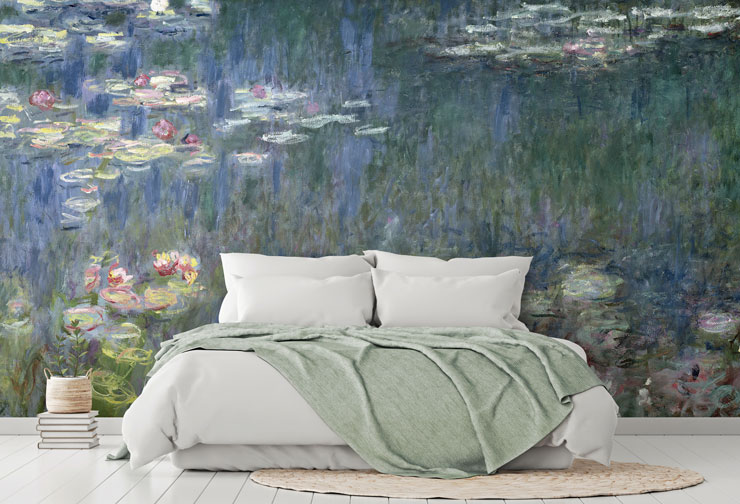 monet painting of pond wallpaper in calming master bedroom