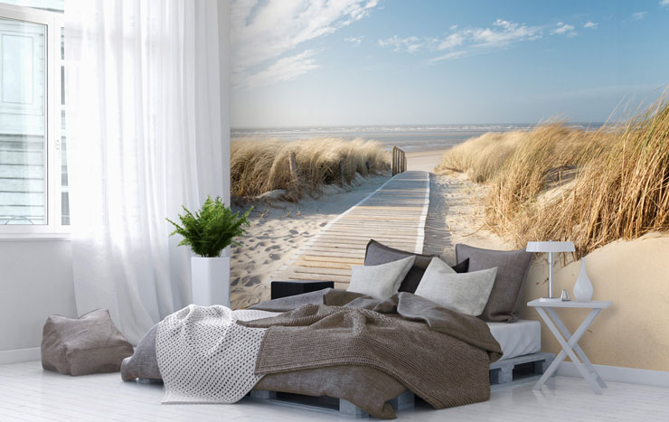 windy beach wallpaper in calming, minimal bedroom