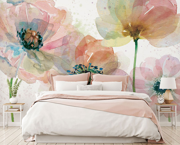 painted poppies wallpaper in beautiful bedroom