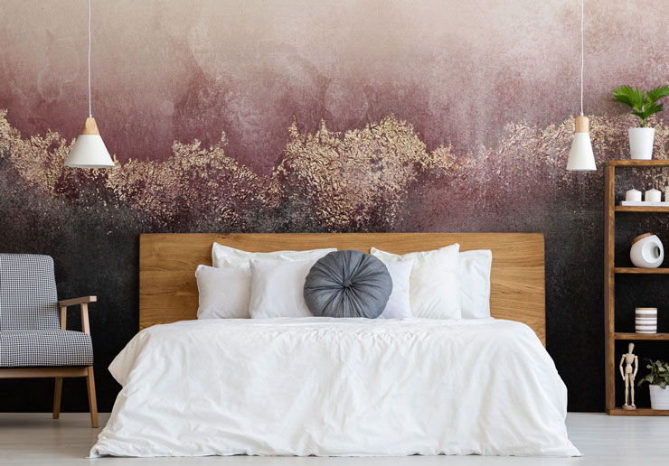 pink and black watercolour wallpaper with gold dust in modern bedroom