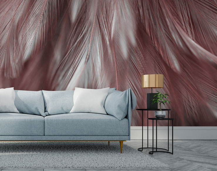 dusty pink and grey feather wallpaper in grey, on-trend lounge