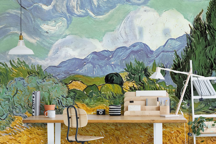 vincent van gogh field wallpaper in modern office