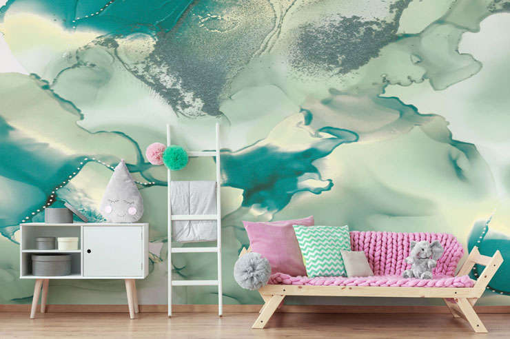 teal, white and grey psychedelic wallpaper in child's pink decor bedroom